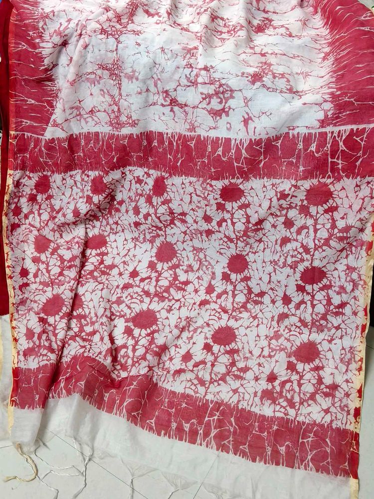 white and pink cotton batik print saree