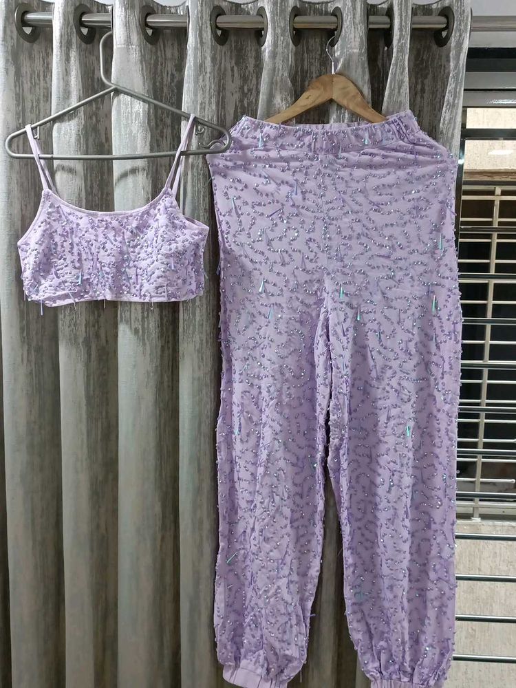 Lilac Beaded Top &amp; Jogger Set Party Wear