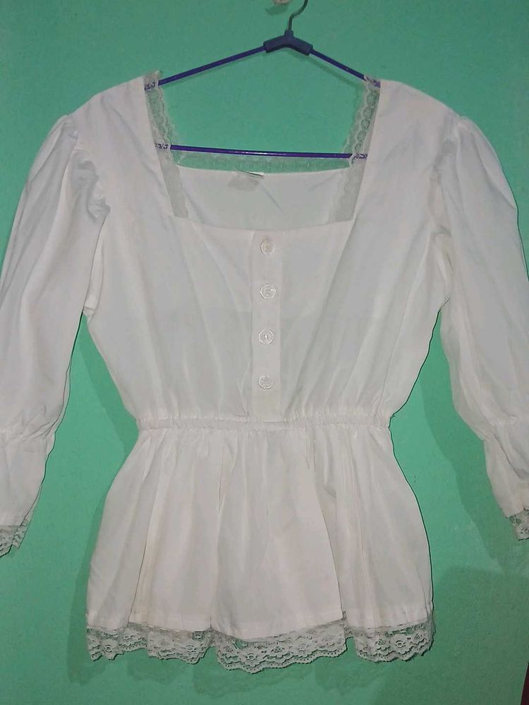 White Lace Trim Peplum Top