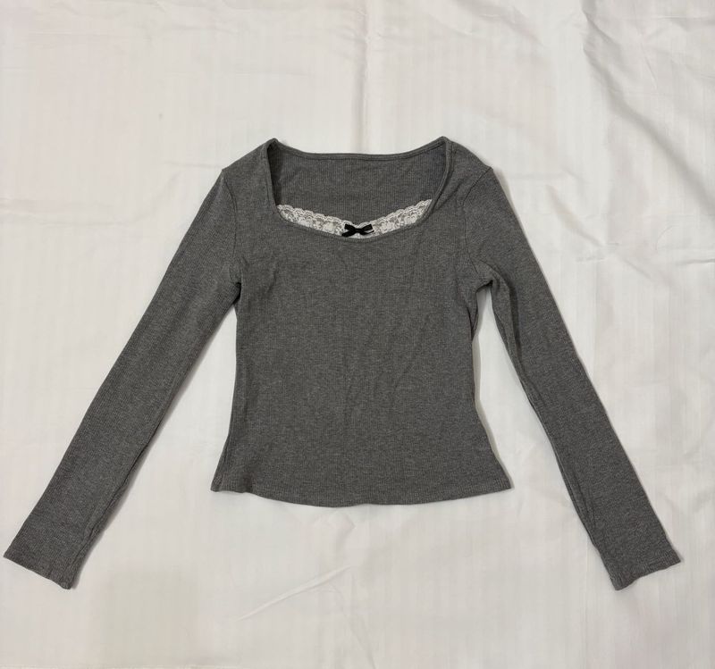 savana Grey Ribbed Lace Trim Top with Bow
