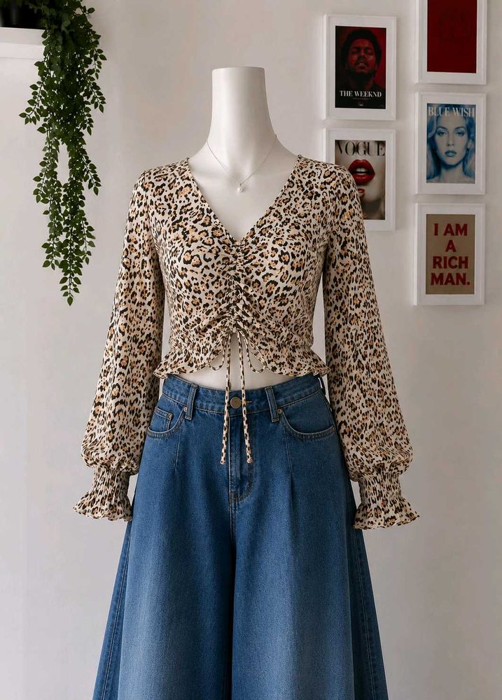 y2k Leopard Print V-Neck Top