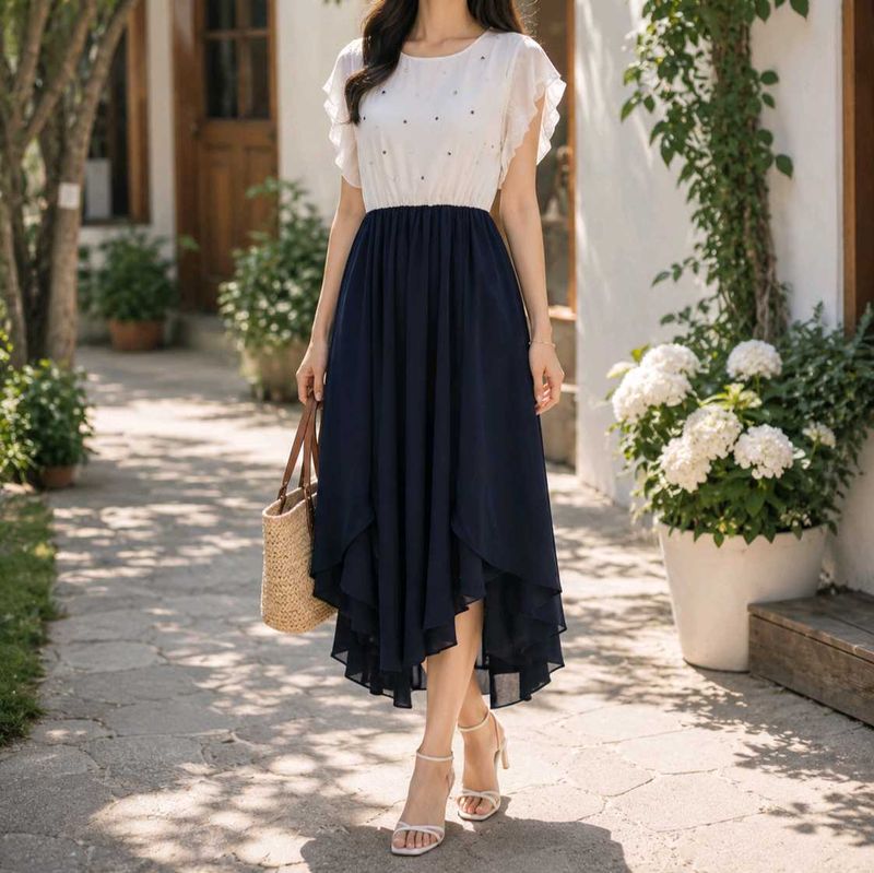 Chic Navy &amp; White Midi Dress