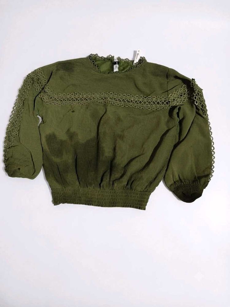 Chic Olive Green Lace Trim Top