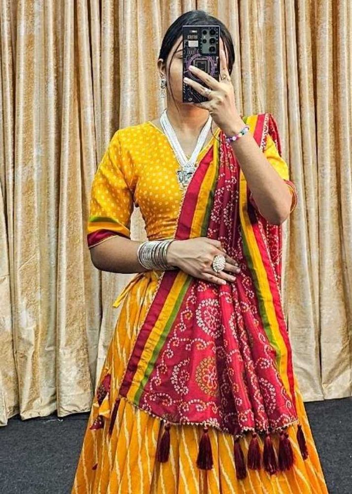 Vibrant Yellow &amp; Red Bandhani Lehenga Choli