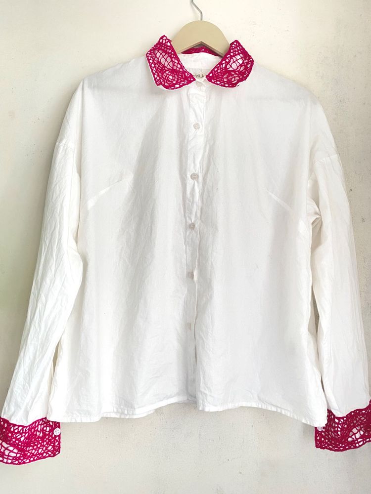 White Button-Up Shirt with Crochet Collar