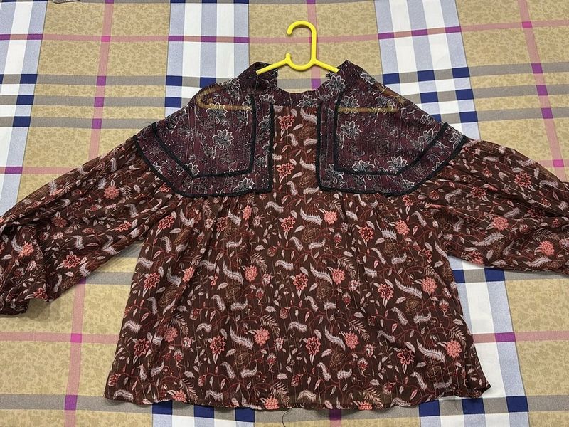 ZARA Boho Floral Print Sheer Blouse