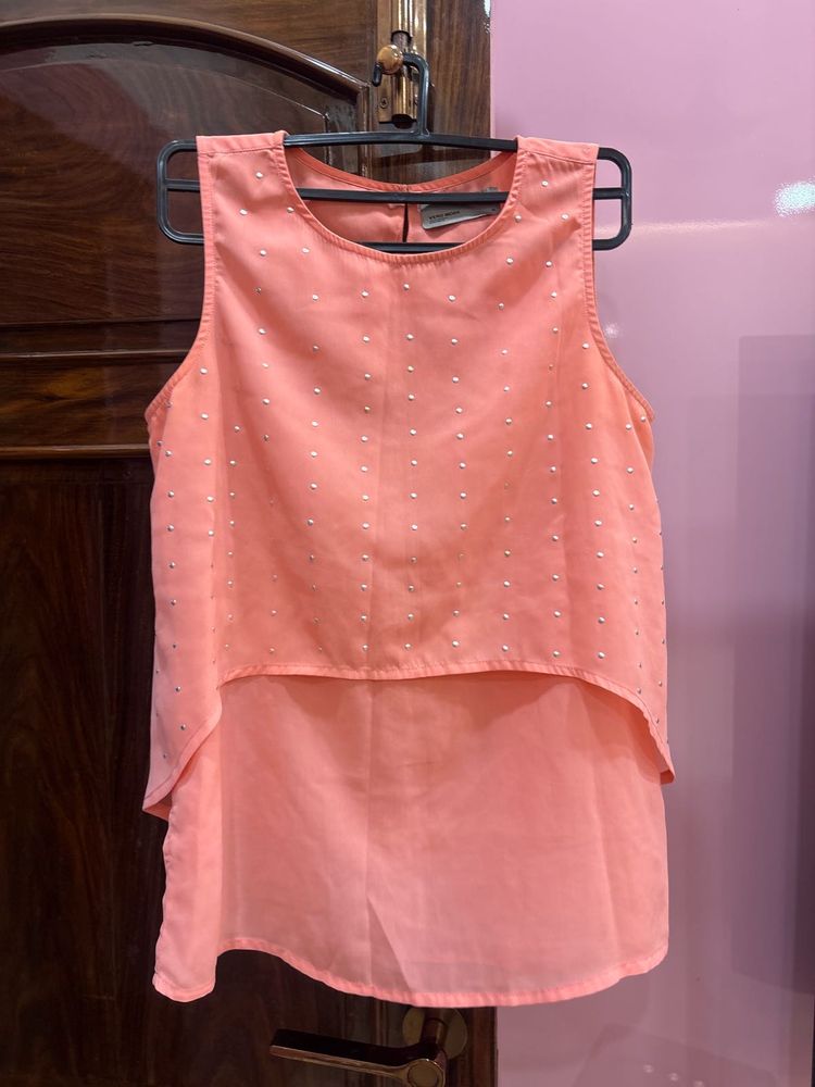 Peach Embellished Sleeveless Top