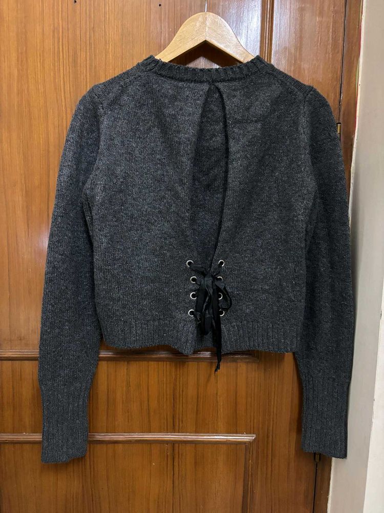 Grey Lace-Up Back Sweater