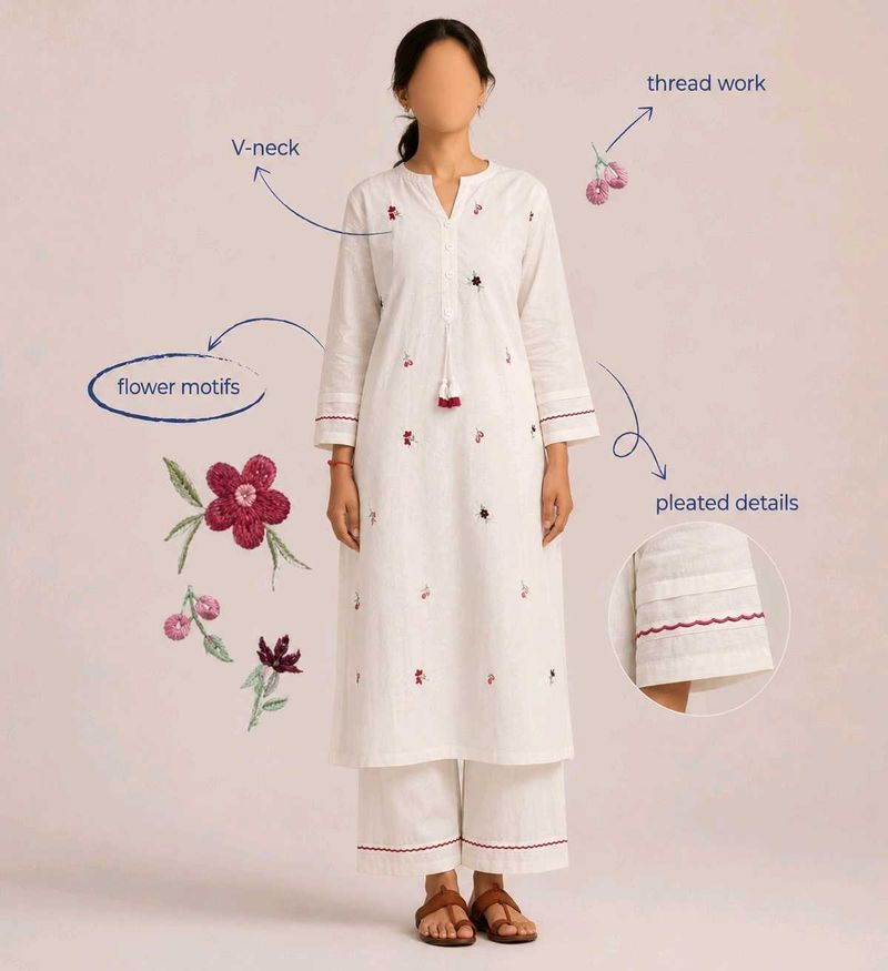 White Kurta Set with Floral Embroidery