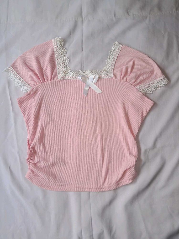 Pink Lace Trimmed Square Neck Top