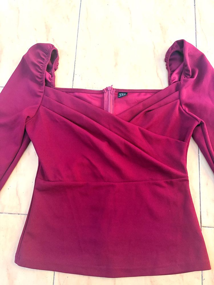 Shein Maroon Puff Sleeve Top