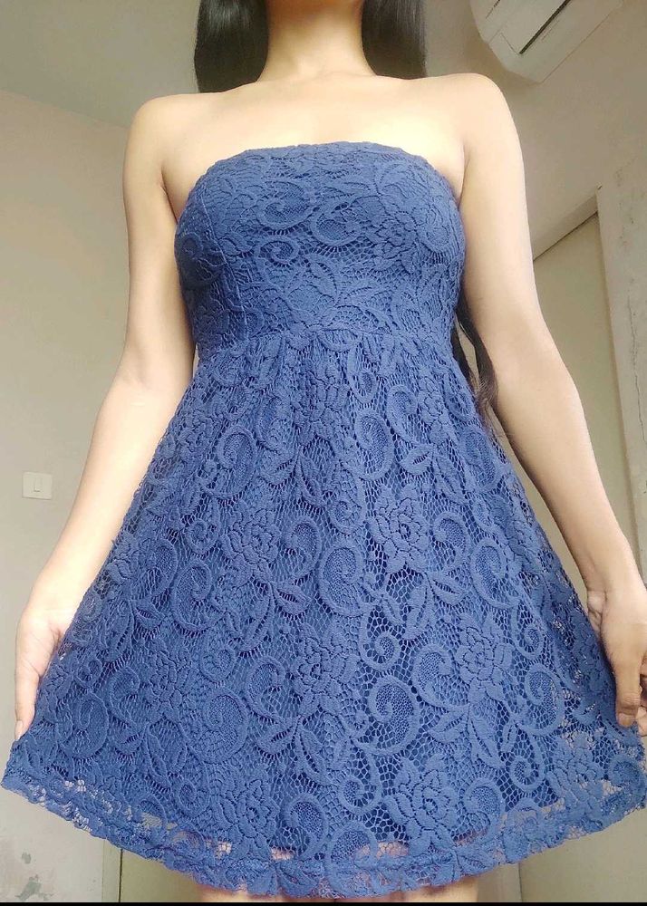 Blue Lace Strapless Dress