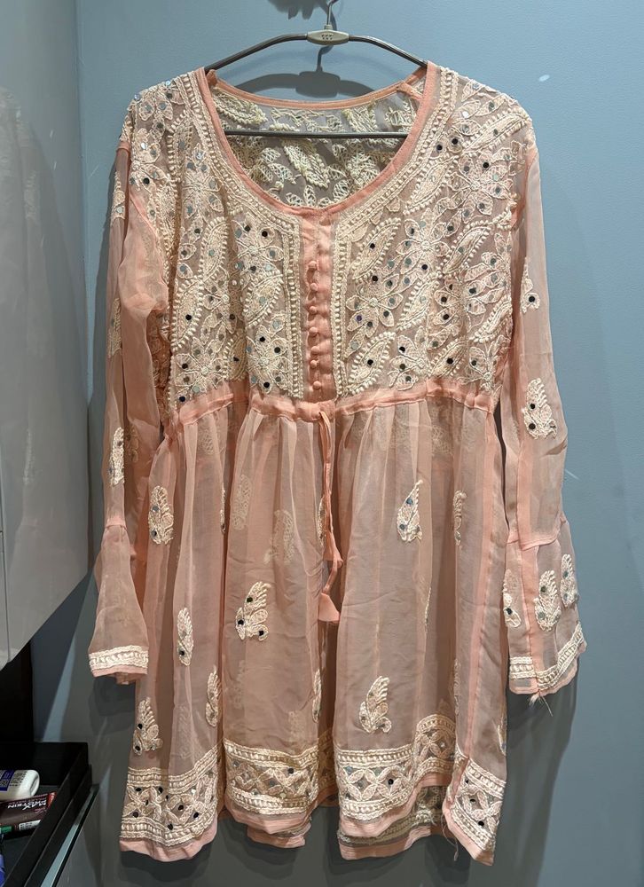 Beautiful Peach Mirrored Chikankari Kurta