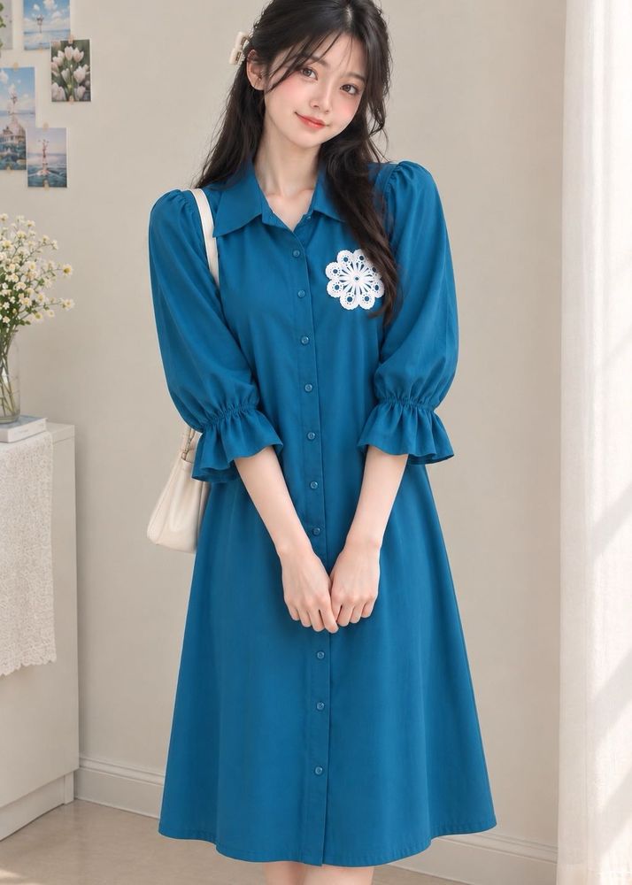 Chic Blue Button-Up Midi Dress