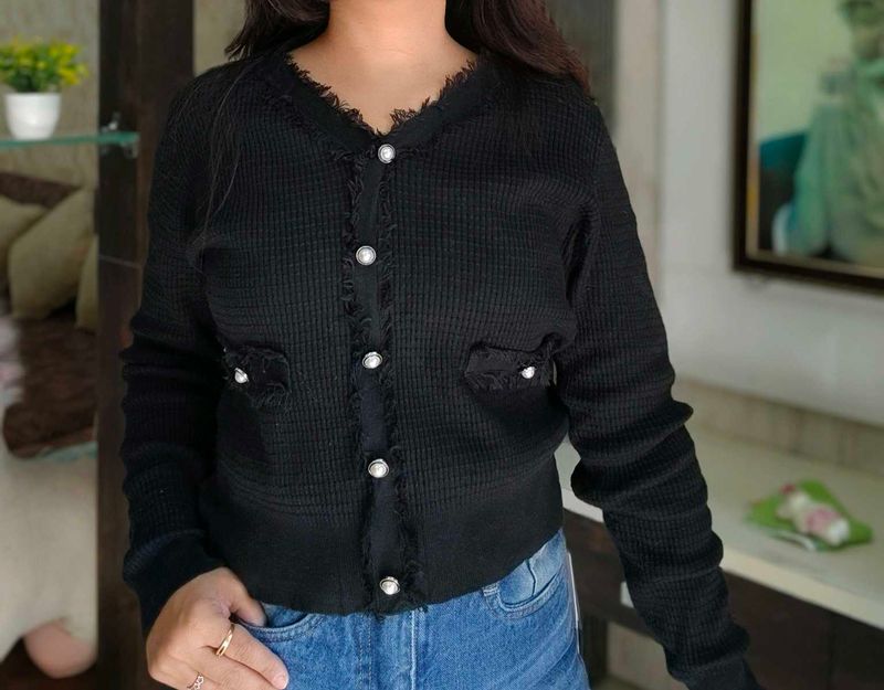 Elegant Black Cardigan with Details