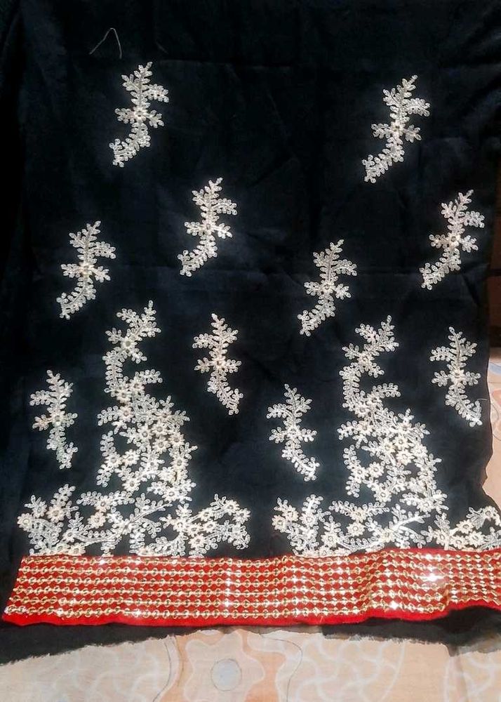 Black kurta  fabric with White and red Embroidery