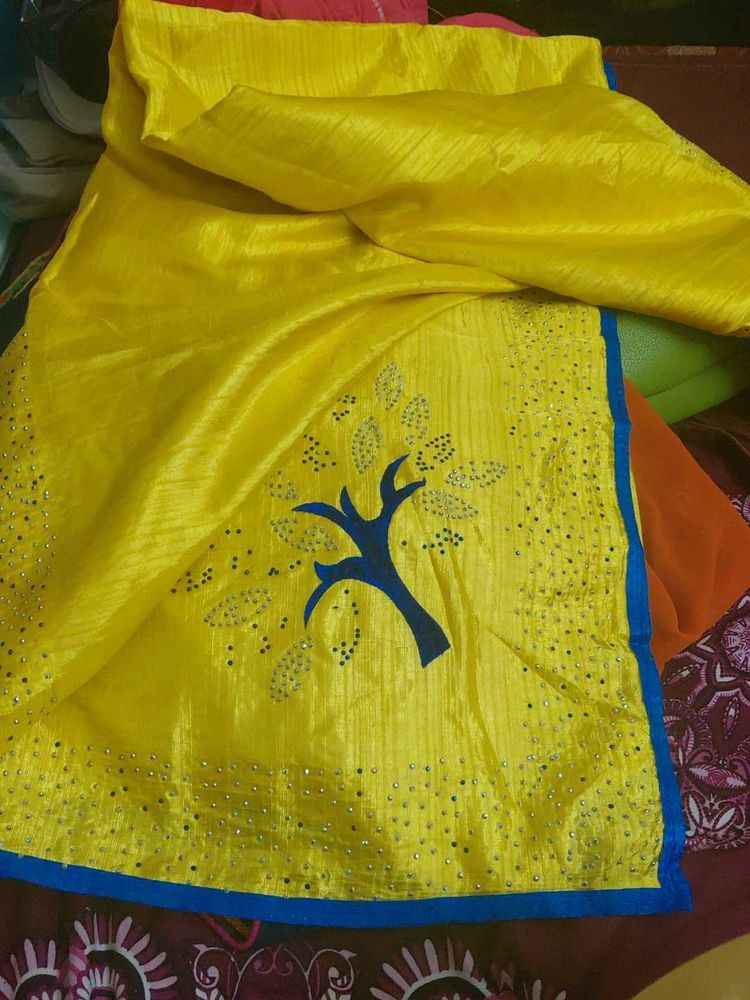 Yellow Silk Saree with Blue Tree Design