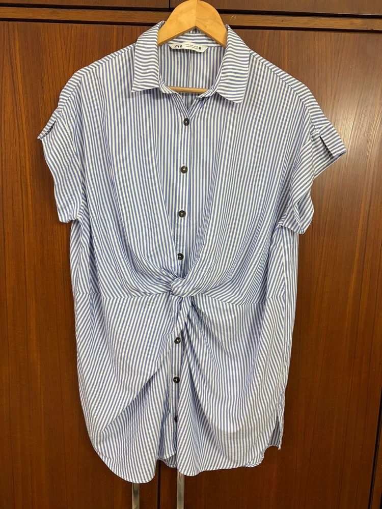 Blue Striped Tie-Front Shirt Dress