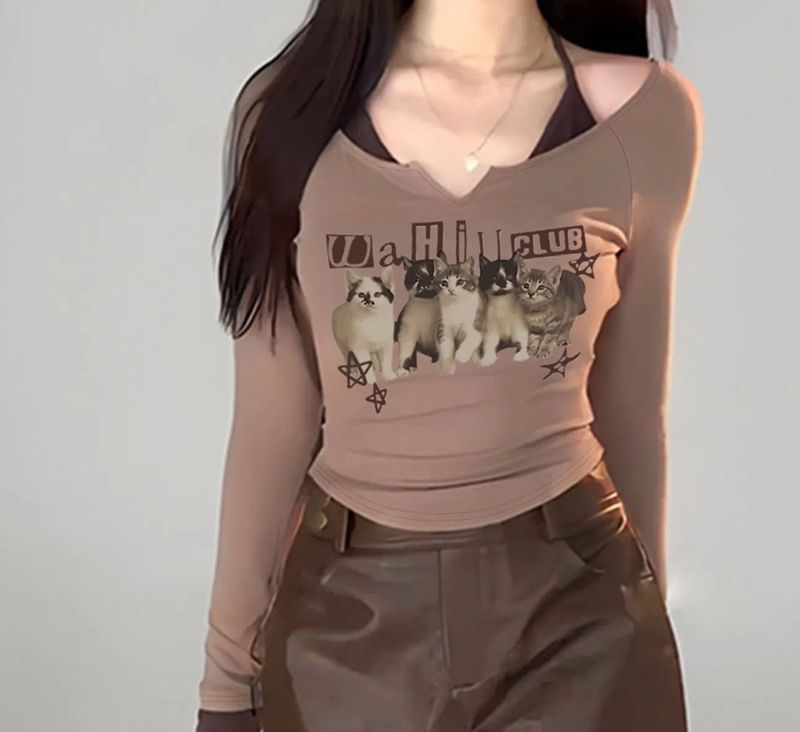 Cute Kitten Graphic Long Sleeve Top