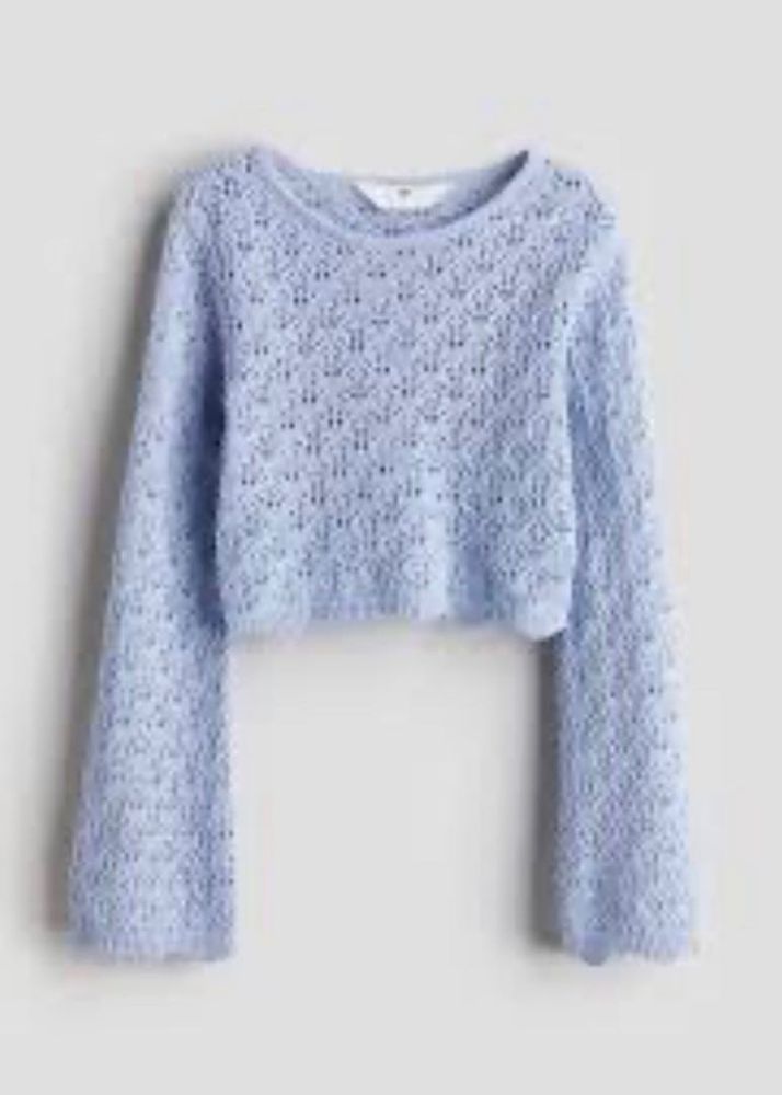 Blue Cropped Crochet Knit Sweater