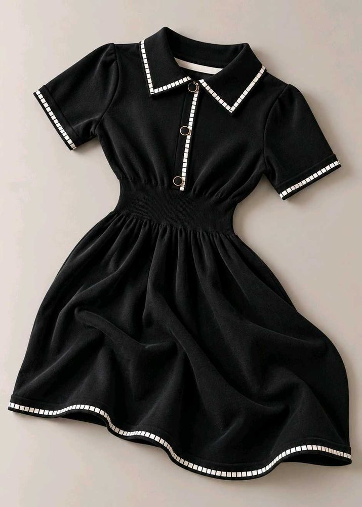 BLACK FIT AND FLARE DRESS WITH WHITE TRIM