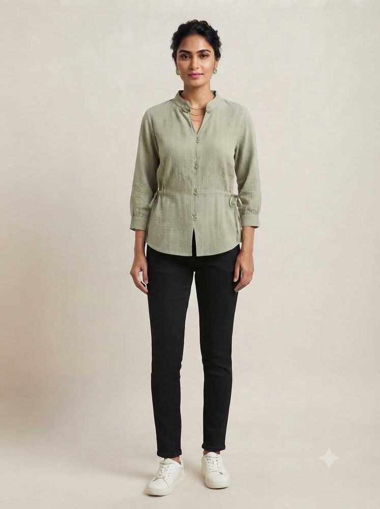 Stylish Olive Green Plisse Textured Shirt - Used (