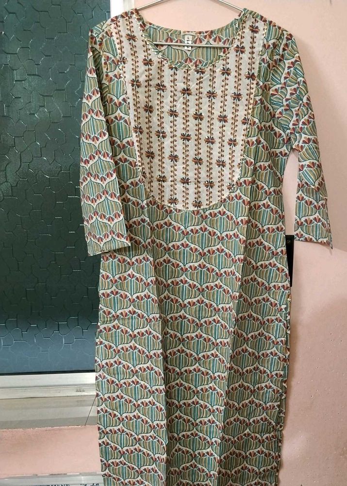 Green Printed Cotton Kurta