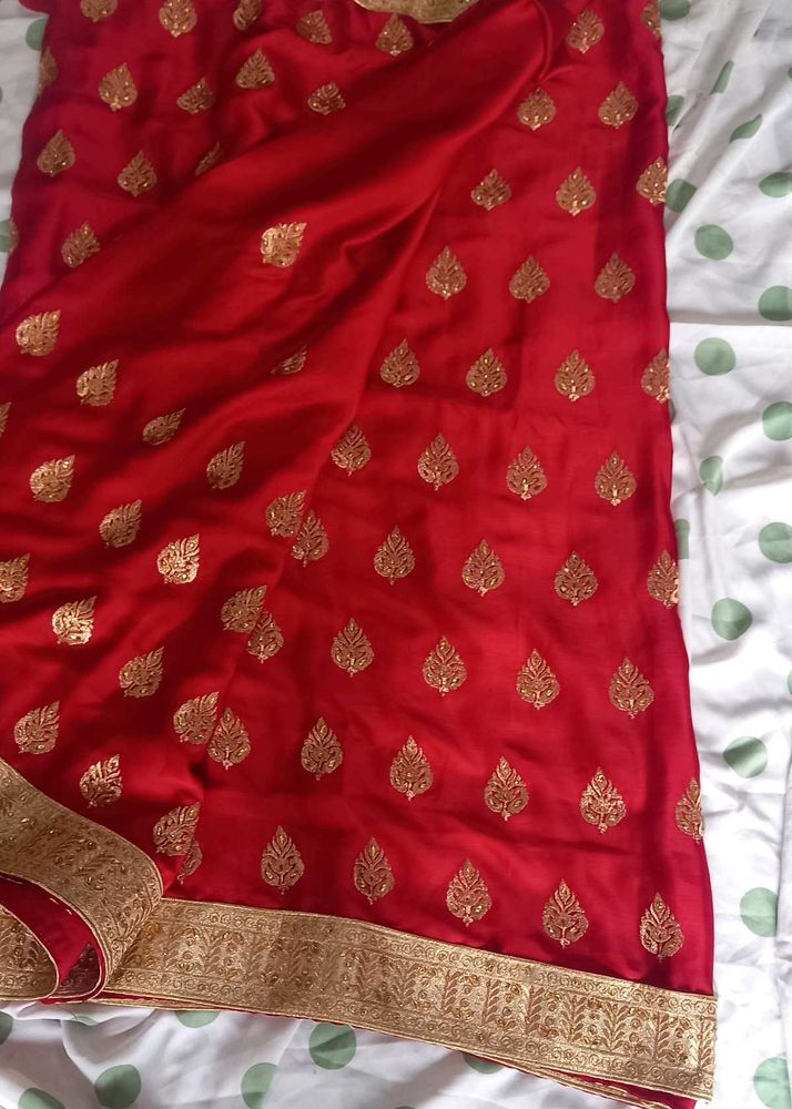 Red Embellished Saree with Gold Border