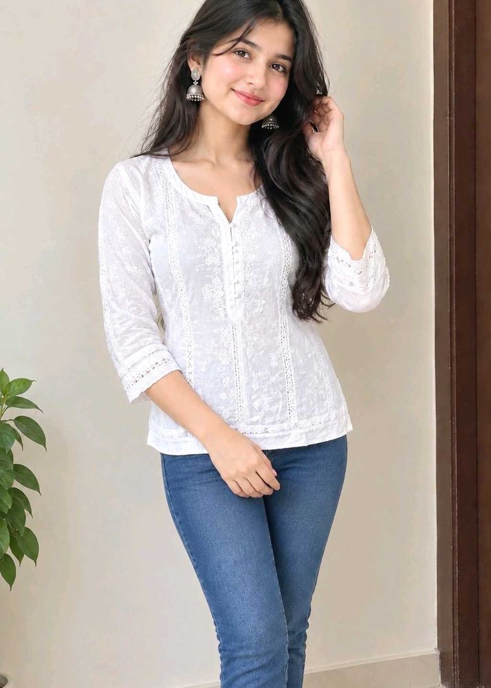 Chic White Embroidered Kurta Top