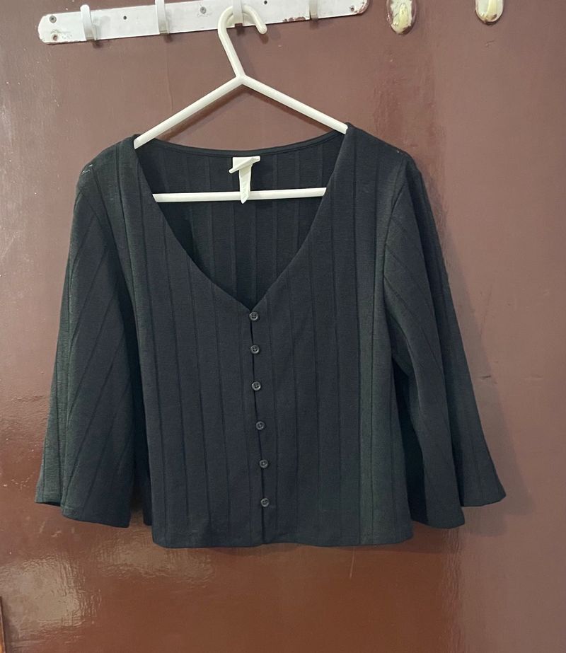 H&amp;M Black Ribbed Button Down Top