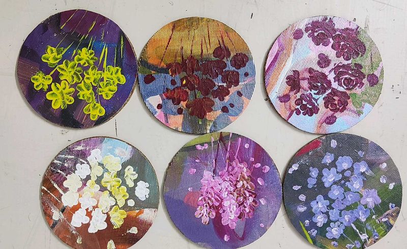 Set of 6 Original Hand-Painted Floral Coasters