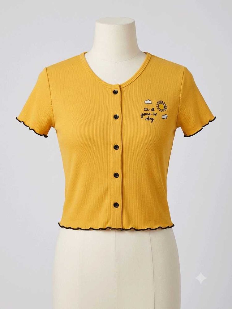 Yellow Button-Up Cropped Top with Sun Graphic
