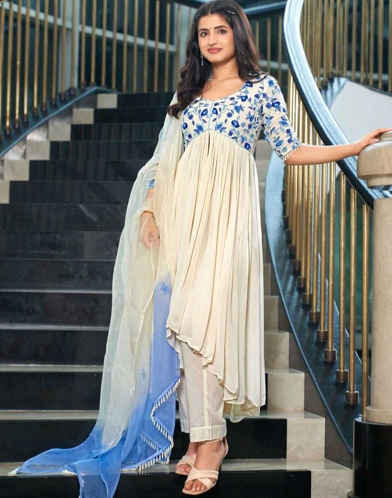 Off White Embroidered Georgette Suit Set