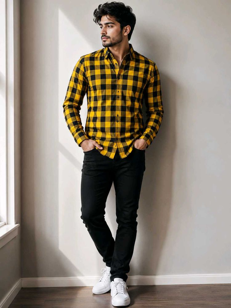 Men’s Yellow &amp; Black Checkered Casual Shirt