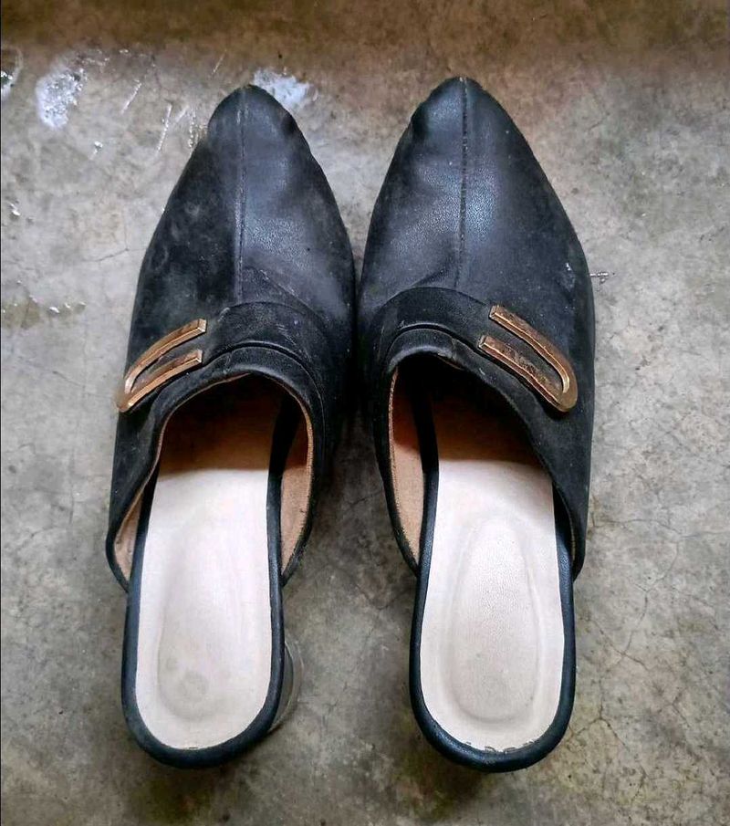 Black Mules with Gold Buckle Accent