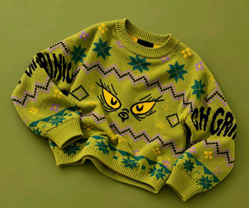 LIME GREEN EYE GRAPHIC PATTERNED KNIT SWEATER