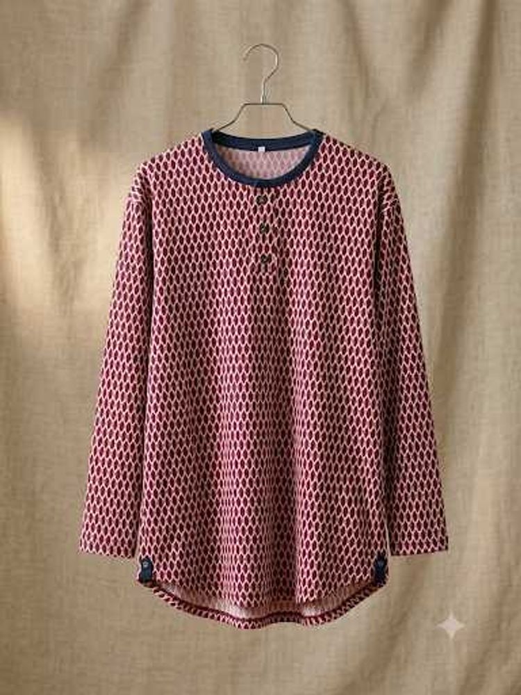 women's Long Sleeve Geometric Print Henley