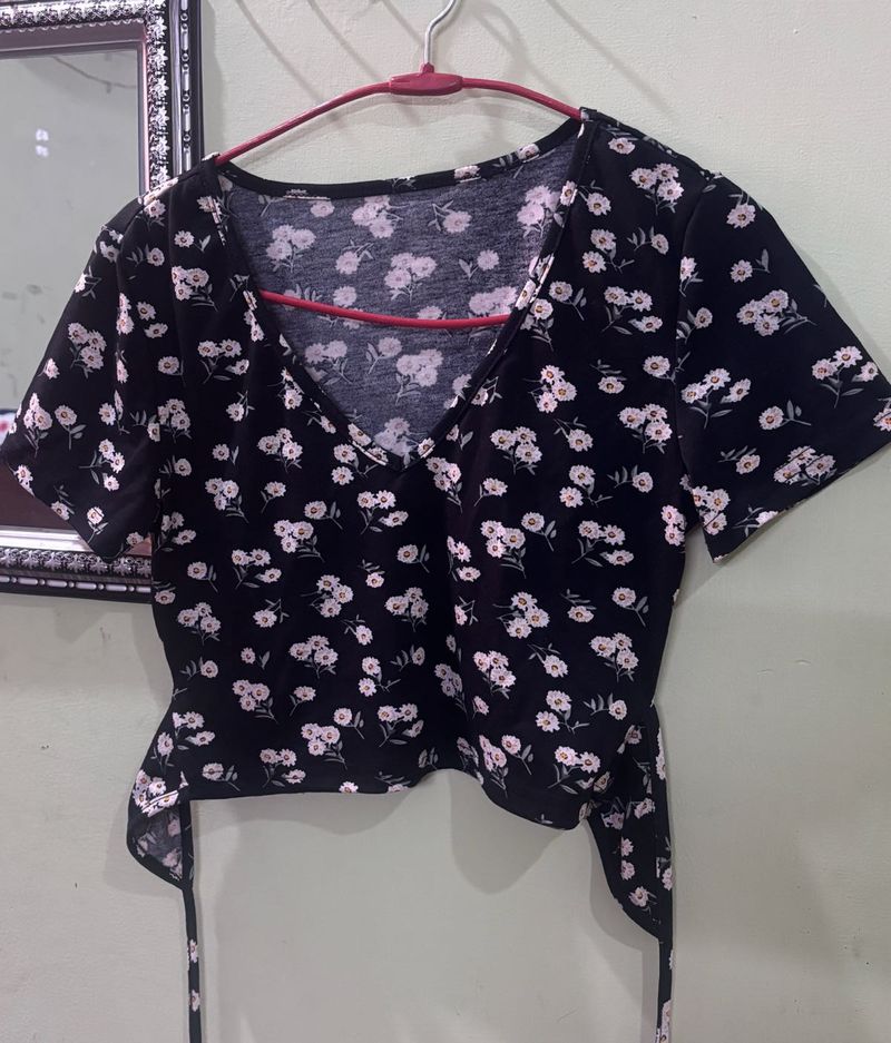 Chic Black Floral Wrap Top