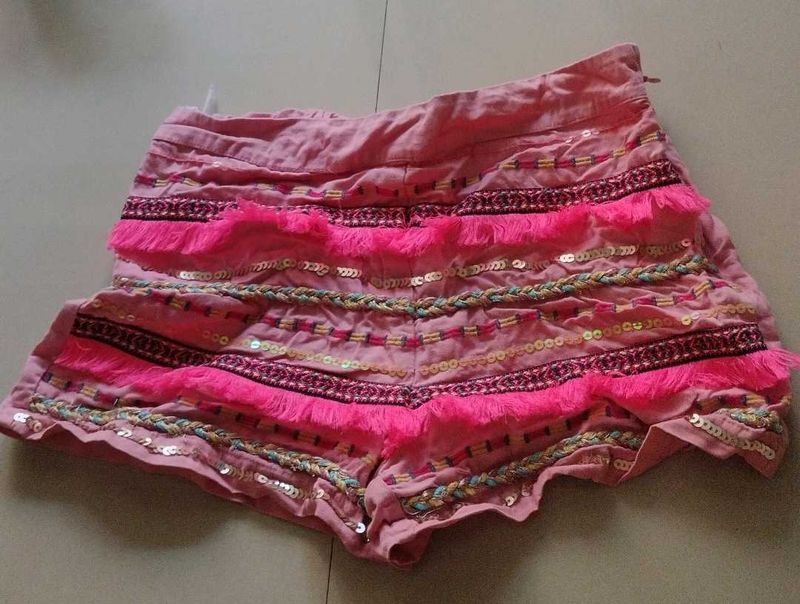 Boho Pink Embellished Fringed Shorts