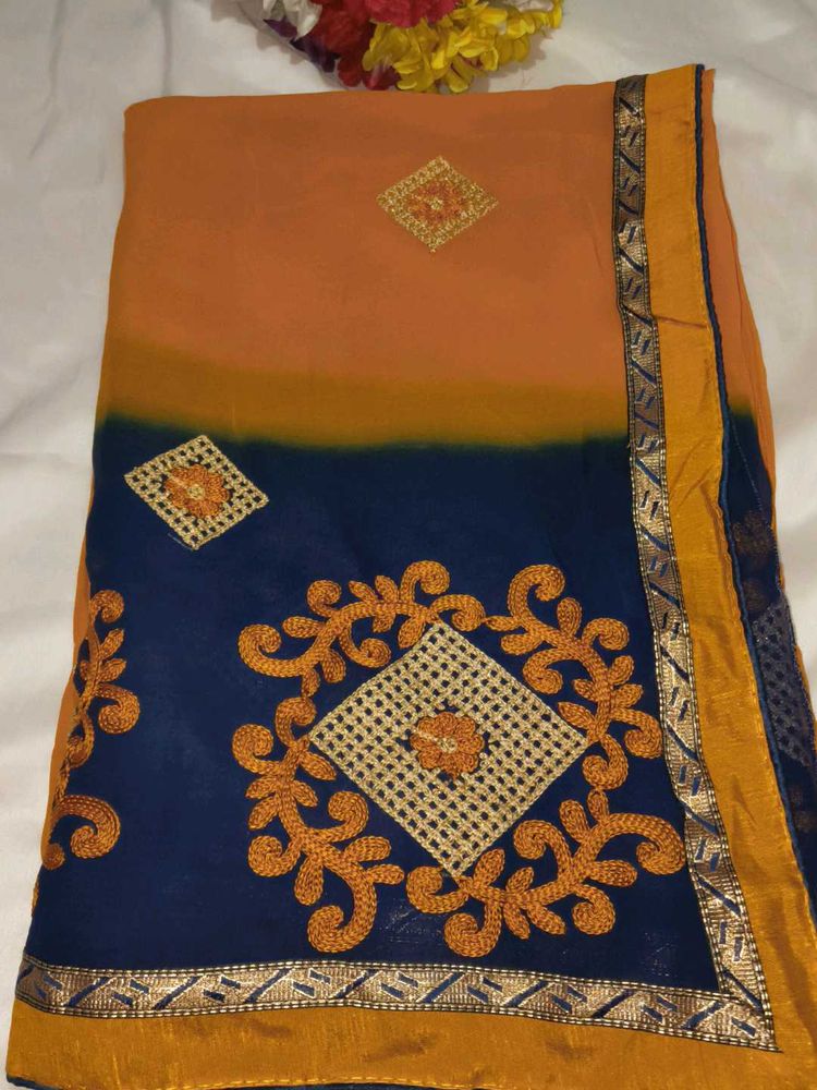 Designer Orange &amp; Navy Saree with blouse