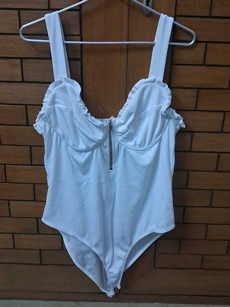 Chic White Ruched Bodysuit