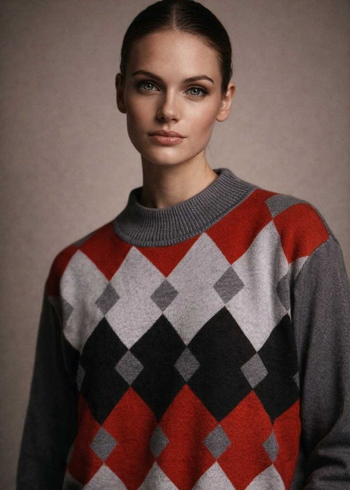 Classic Argyle Knit Sweater in Grey, Red &amp; Black