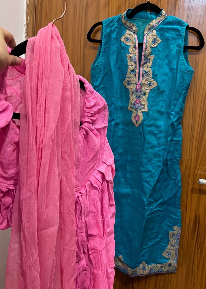 Teal Kurta Set with Pink Dupatta &amp; patiyala pant
