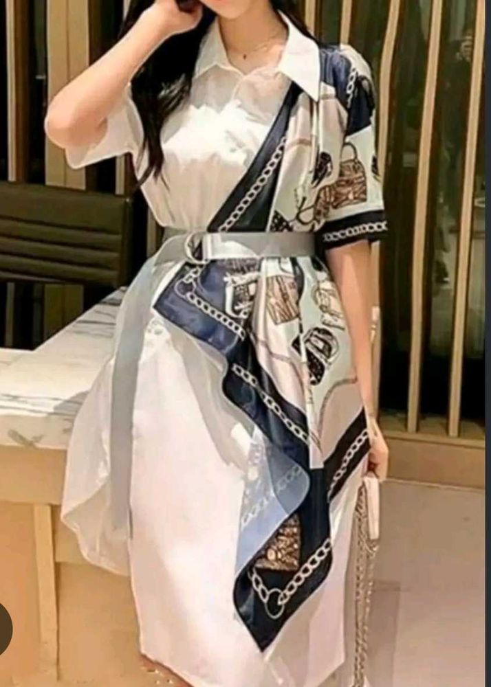Elegant White Shirt Dress with Scarf Detail