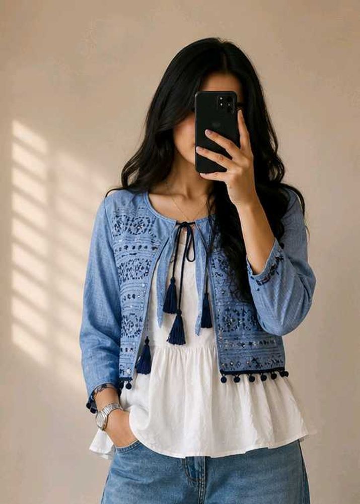 Embroidered Blue Crop Jacket