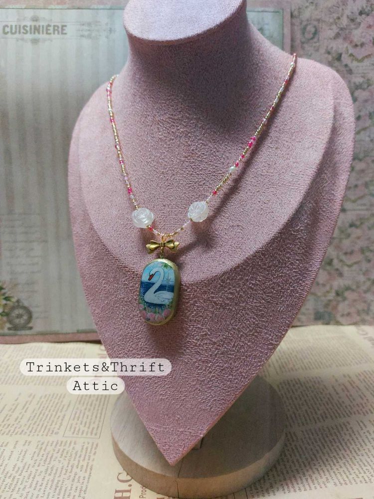 Enchanted Swan Clay Pendant Beaded Necklace