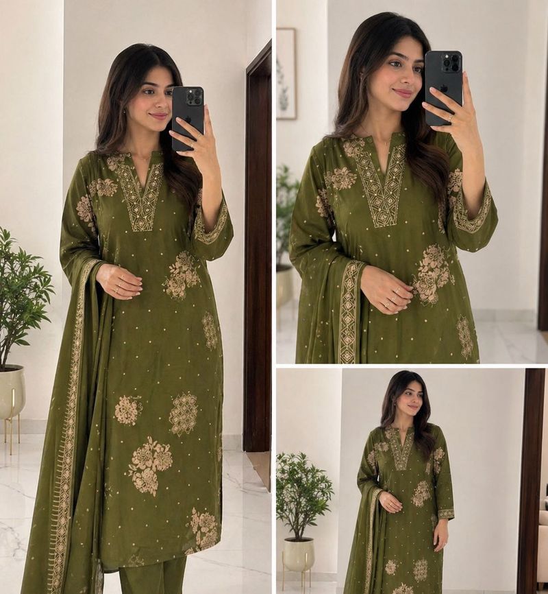 Olive Green Embroidered Kurti Set