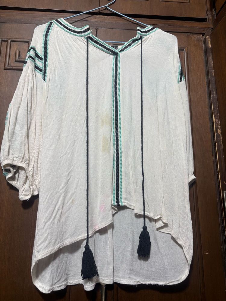 Boho Tassel Detail Cream Tunic Top