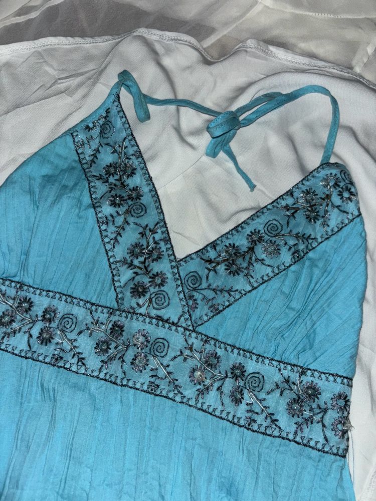 Blue Halter Neck Embroidery Top