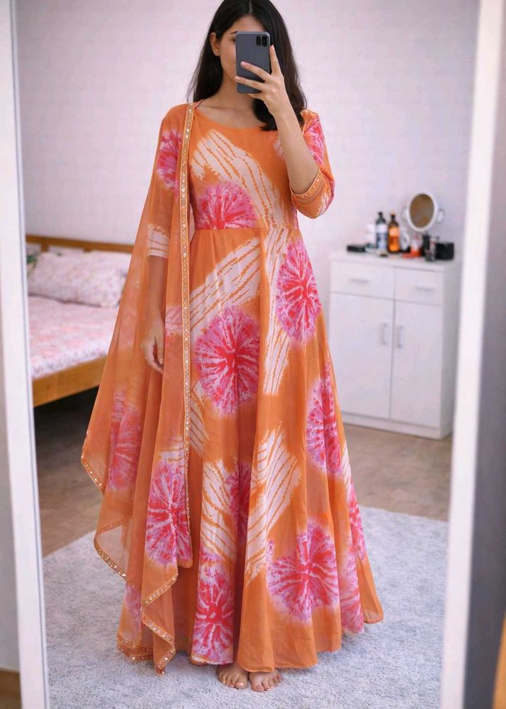 Beautiful Orange Tie-Dye Gown with Dupatta